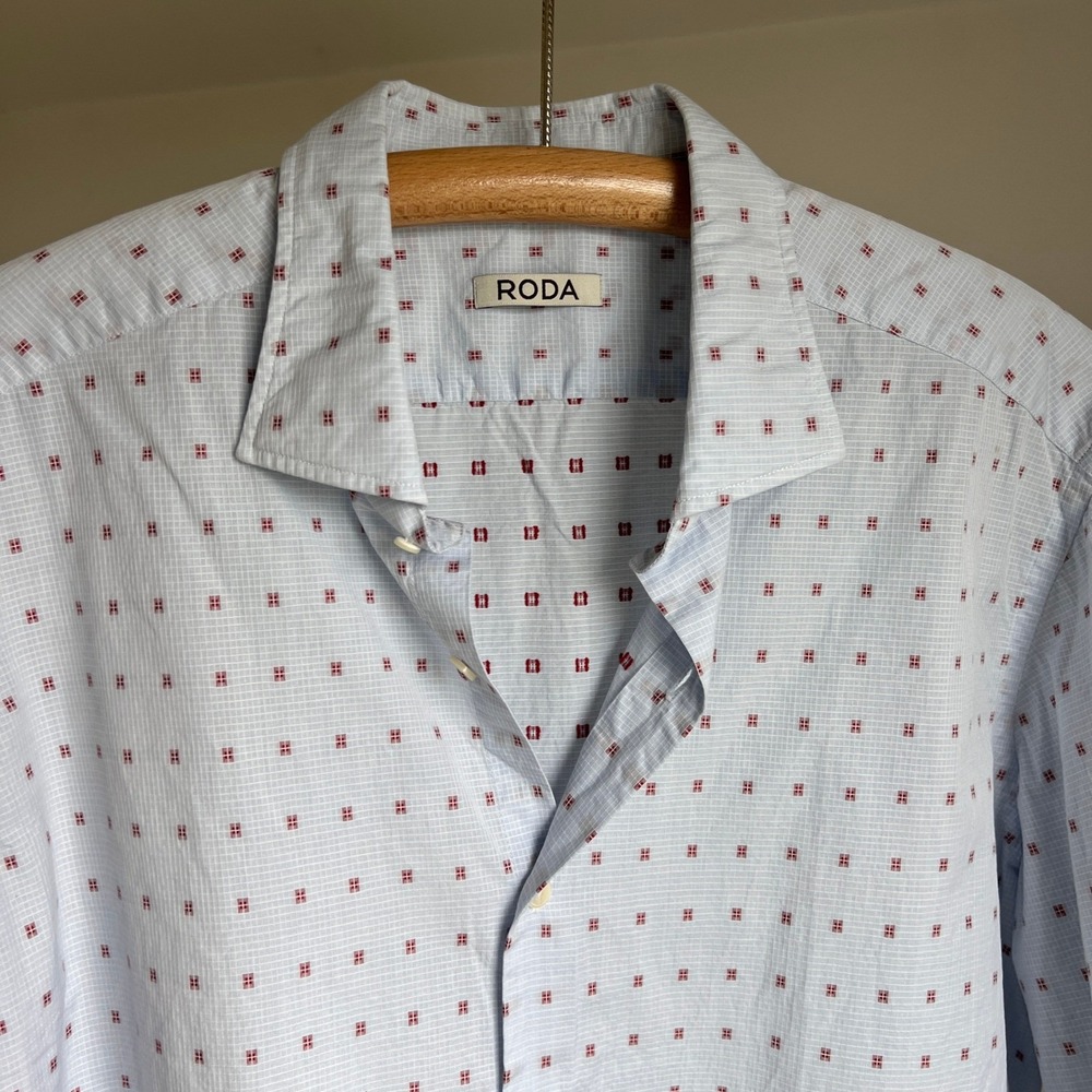 RODA Button Up Dress Shirt Large Light Blue Red Dot Printed Long Sleeve Italian